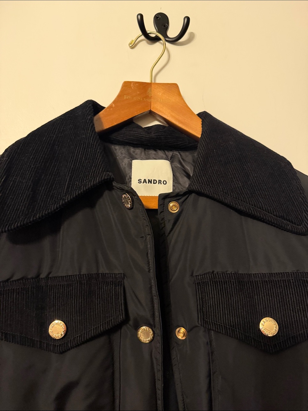 Sandro Black Quilted Puffer Jacket with Corduroy Trim - Picture 10 of 10